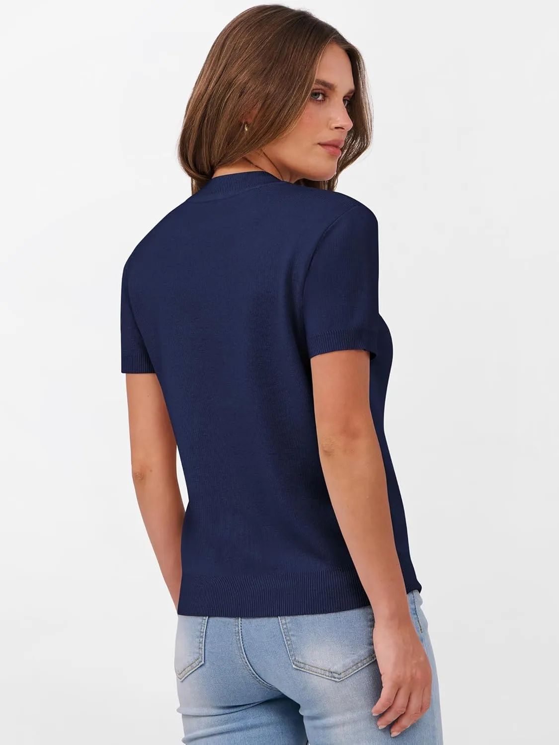 ANRABESS Womens Short Sleeve Sweaters Wool Blend Crew Neck Sweater Shirts Business Casual Work Tops 2025 Summer Outfits