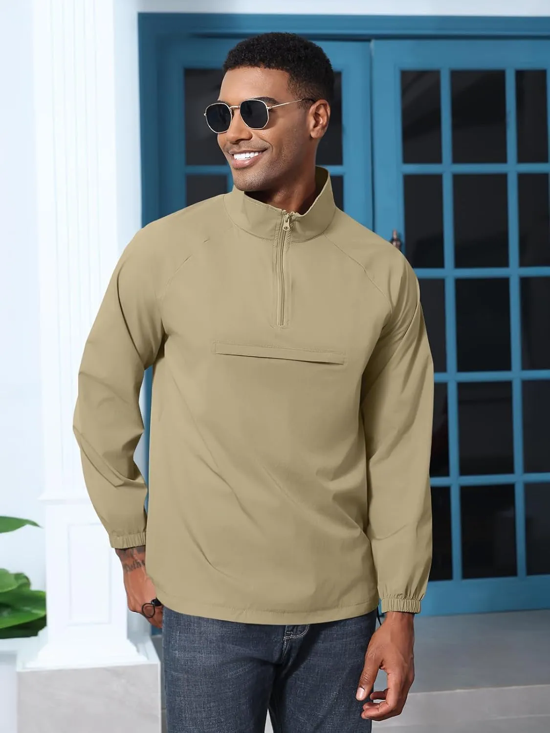Aulemen Men's Casual Quarter Zip Pullover-Athletic Lightweight Jackets Hiking Golf for Men Mock Neck with Pockets