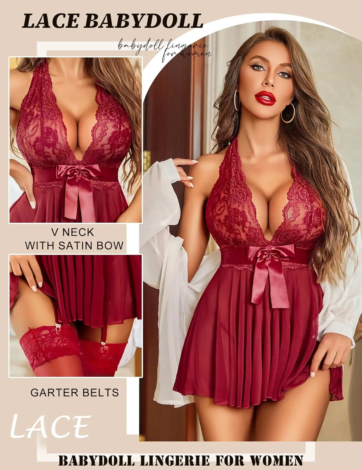 Avidlove Lingerie for Women Lace Babydoll Chemise Halter V Sexy Sleepwear with Garter Belt