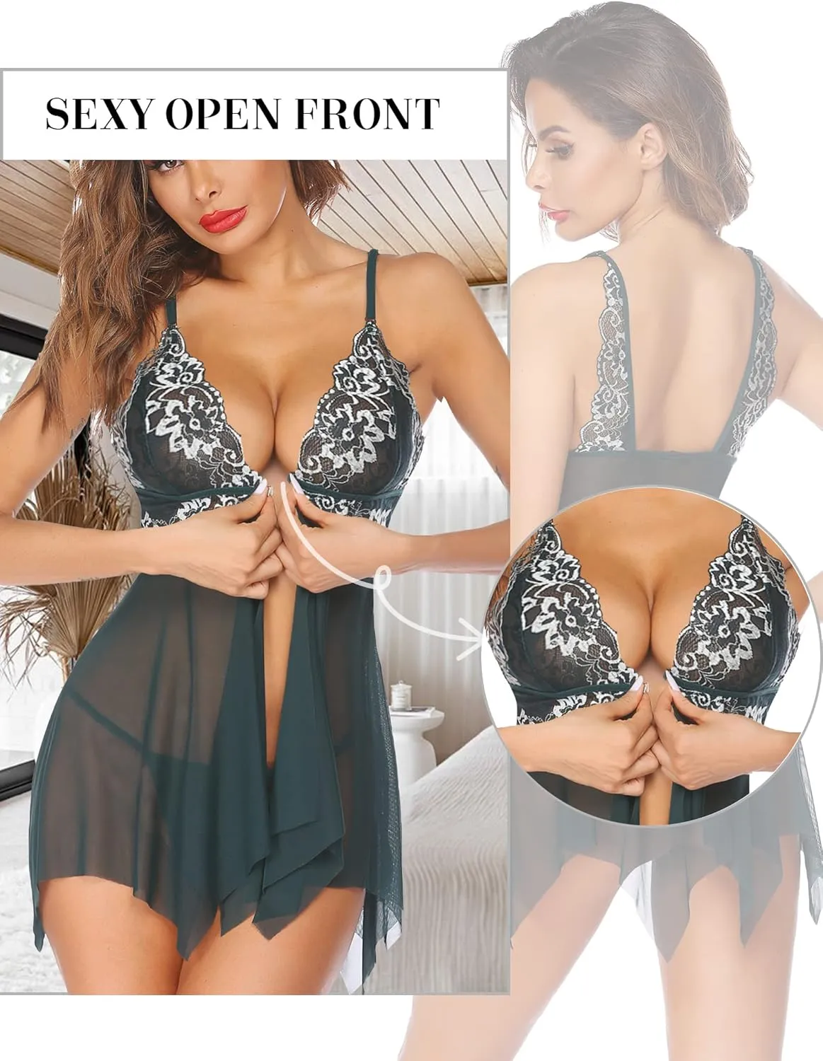 Avidlove Women Lace Lingerie Front Closure Babydoll V Neck Nightwear Sexy Chemise Nightie