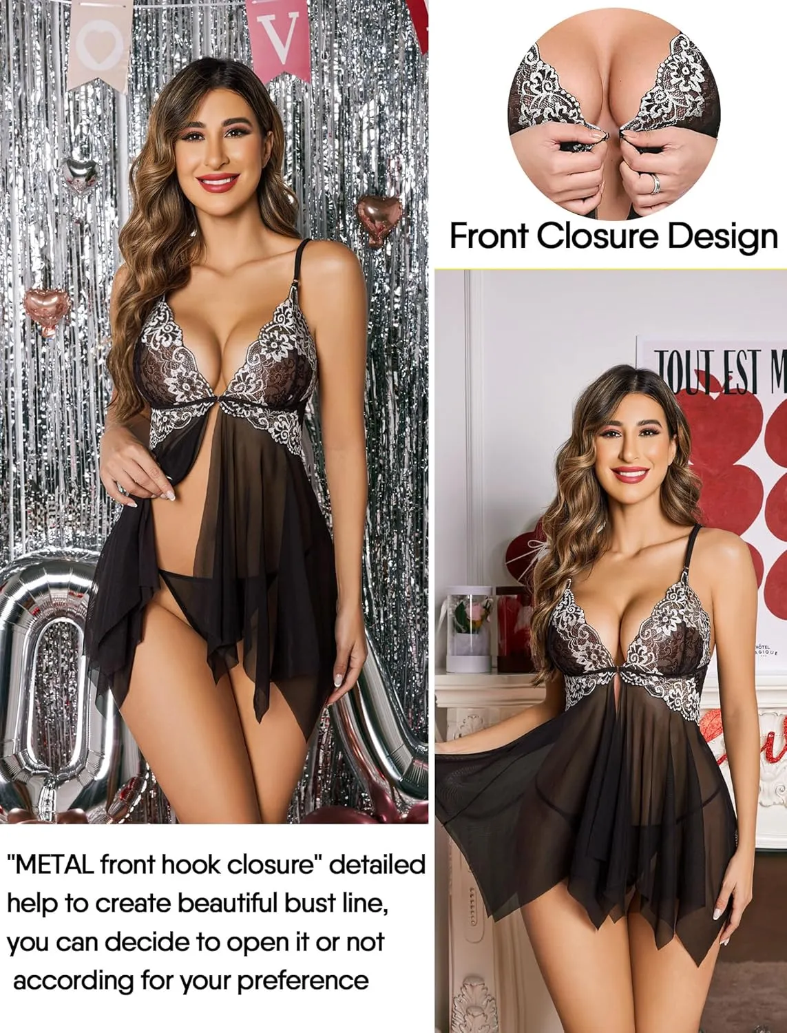 Avidlove Women Lace Lingerie Front Closure Babydoll V Neck Nightwear Sexy Chemise Nightie