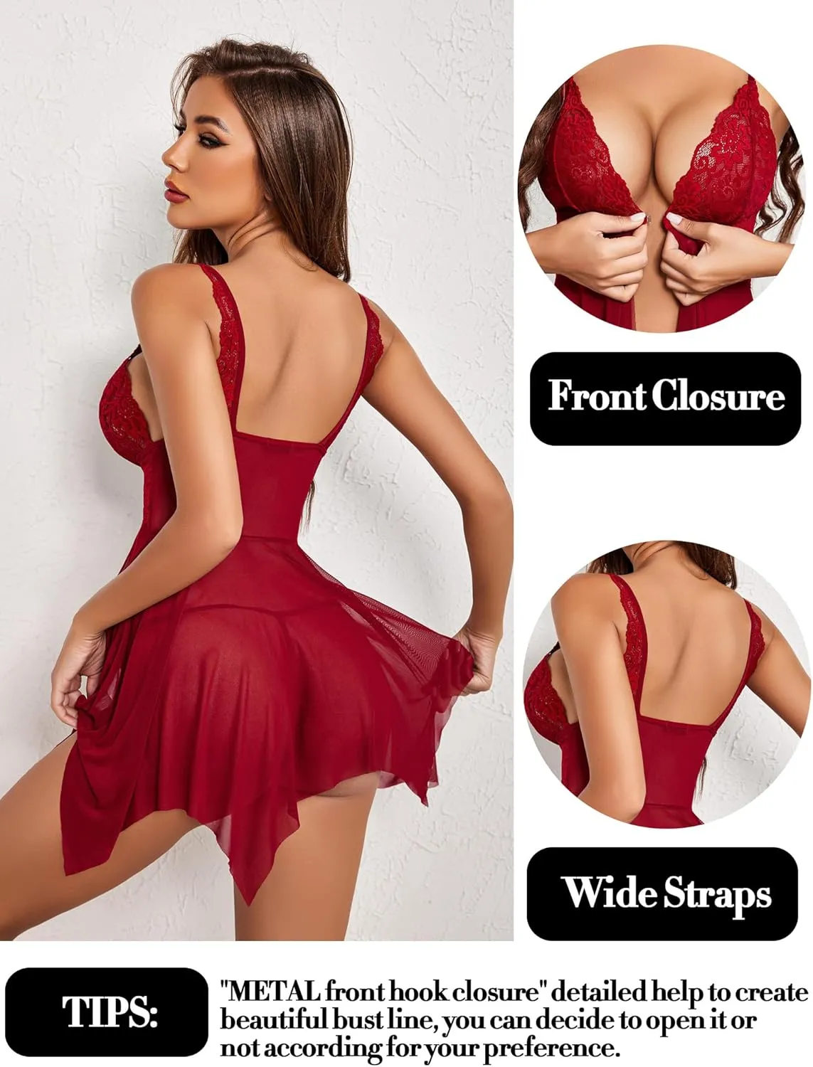 Avidlove Women Lace Lingerie Front Closure Babydoll V Neck Nightwear Sexy Chemise Nightie