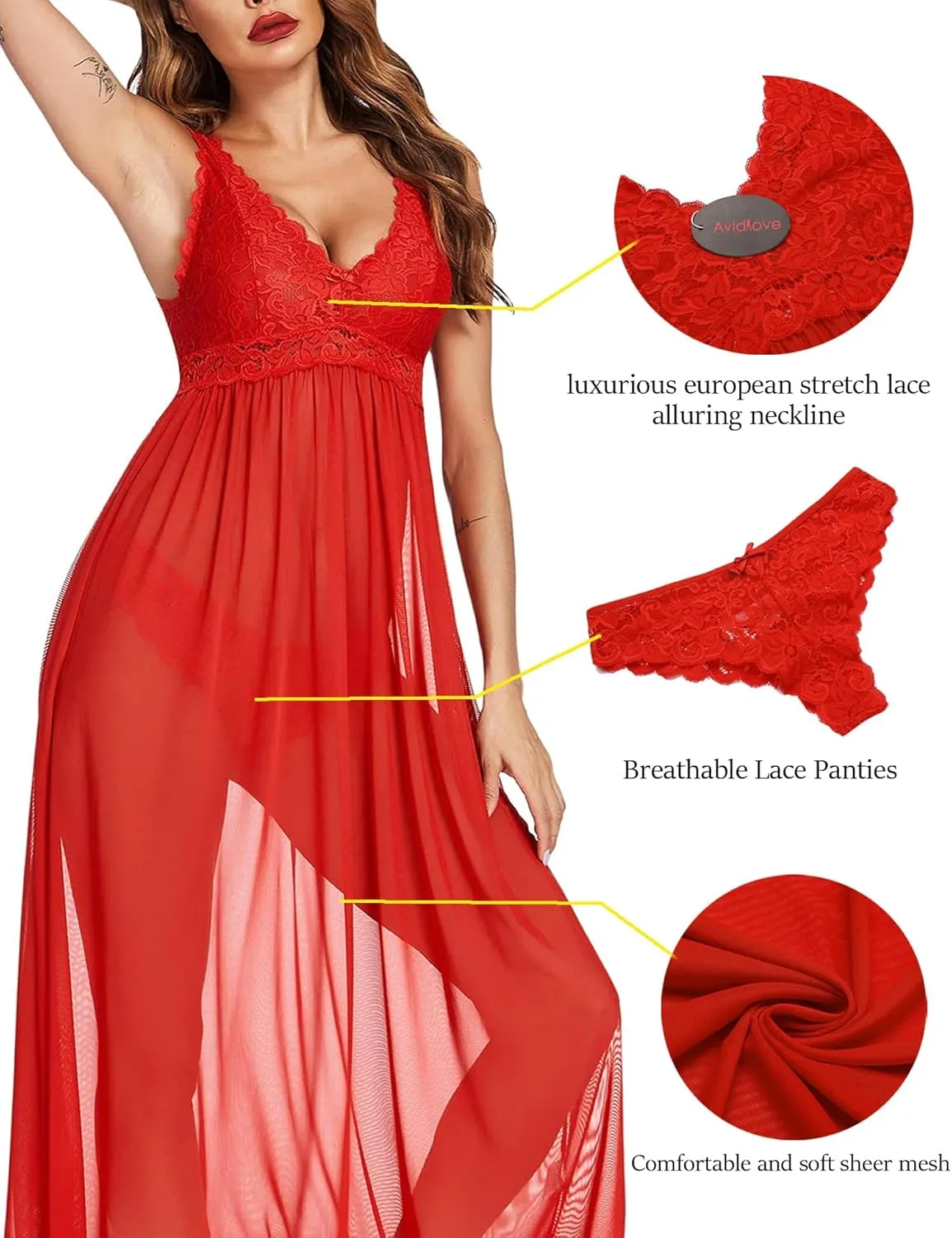 Avidlove Women Lingerie Lace Babydoll Nightdress Mesh Chemise V Neck Sleepwear