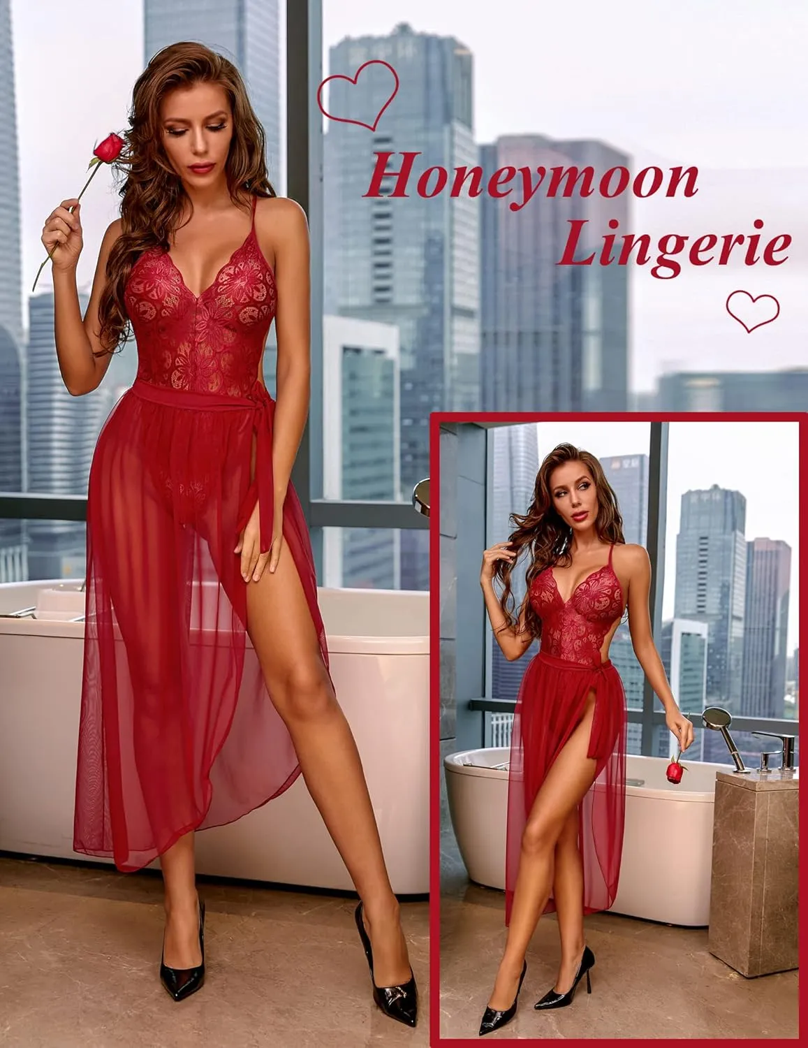 Avidlove Women One Piece Lingerie Deep V Lace Bodysuit Mosaic Lace Teddy Mesh Skirt