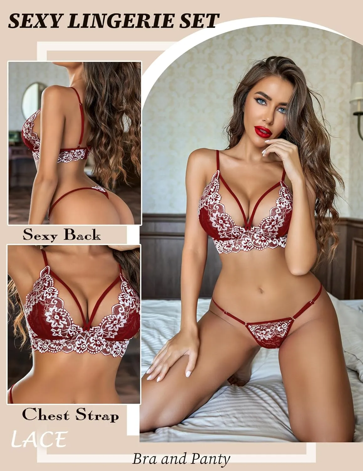 Avidlove Womens Lingerie 2 Piece Lace Babydoll Sexy V Neck Bra and Panty Sets