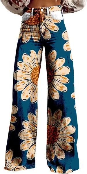 Baggy Flare Jeans for Women Baggy Flare Pants for Women Wide Leg Bell Bottoms Vintage Floral Print High Waisted Pant Going Out Street Trousers Pantalones para Mujer
