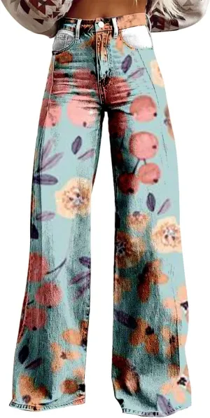 Baggy Flare Jeans for Women Baggy Flare Pants for Women Wide Leg Bell Bottoms Vintage Floral Print High Waisted Pant Going Out Street Trousers Pantalones para Mujer