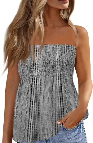 Bandeau Tops for Women Strapless Sleeveless Bandeau Floral Print Smocked Ruffled Tanks Casual Cute Tube Tops