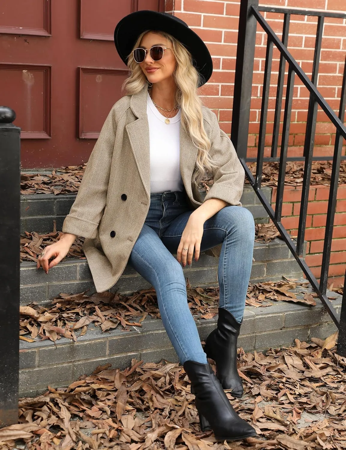 Bankeng Women's Winter Wool Blend Coat Notch Lapel Double Breasted Peacoat Loose Warm Coat Mid-Long Outerwear