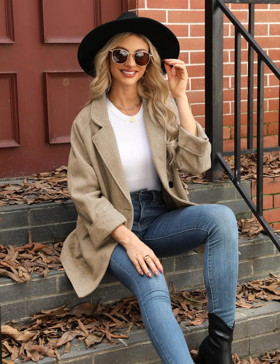 Bankeng Women's Winter Wool Blend Coat Notch Lapel Double Breasted Peacoat Loose Warm Coat Mid-Long Outerwear