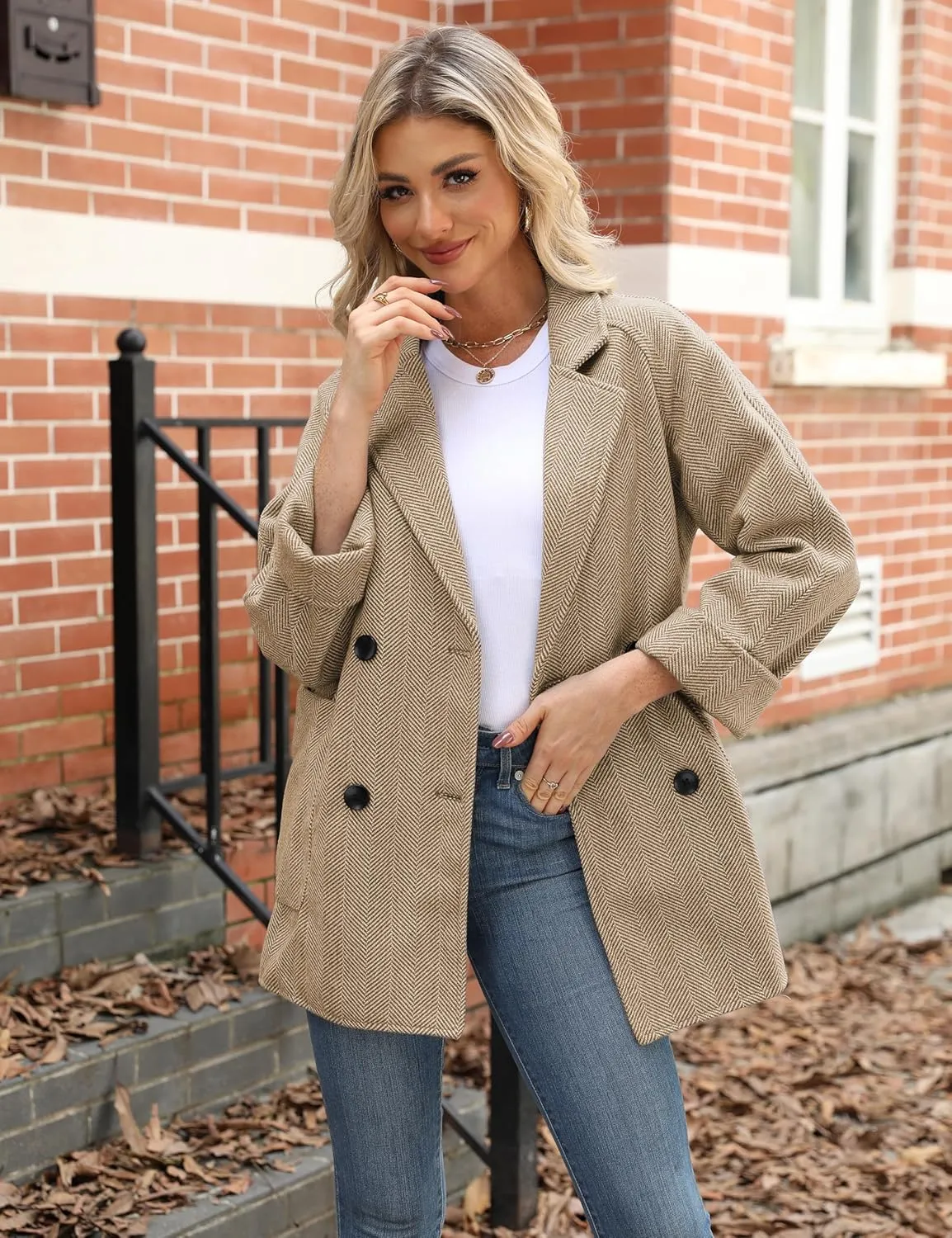 Bankeng Women's Winter Wool Blend Coat Notch Lapel Double Breasted Peacoat Loose Warm Coat Mid-Long Outerwear