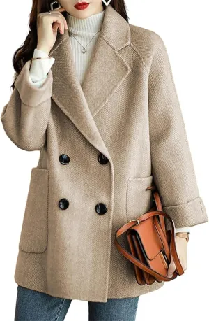 Bankeng Women's Winter Wool Blend Coat Notch Lapel Double Breasted Peacoat Loose Warm Coat Mid-Long Outerwear