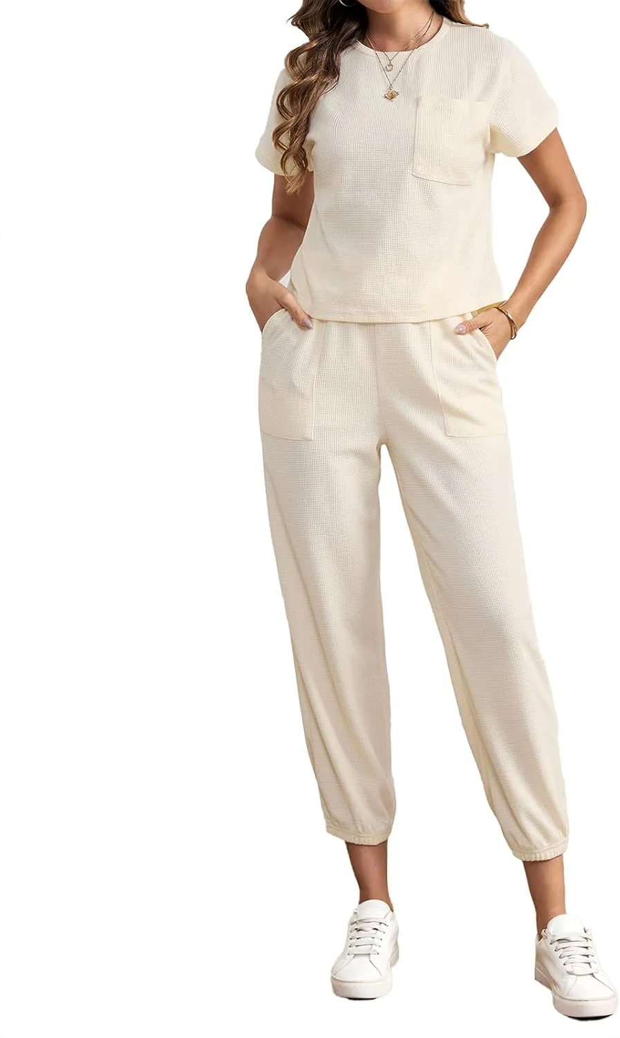 BARASA Lounge Sets for Women 2 Piece Jogger Pajama Round Neck Short Sleeve Casual Nine-point Pants Loungewear Set D667