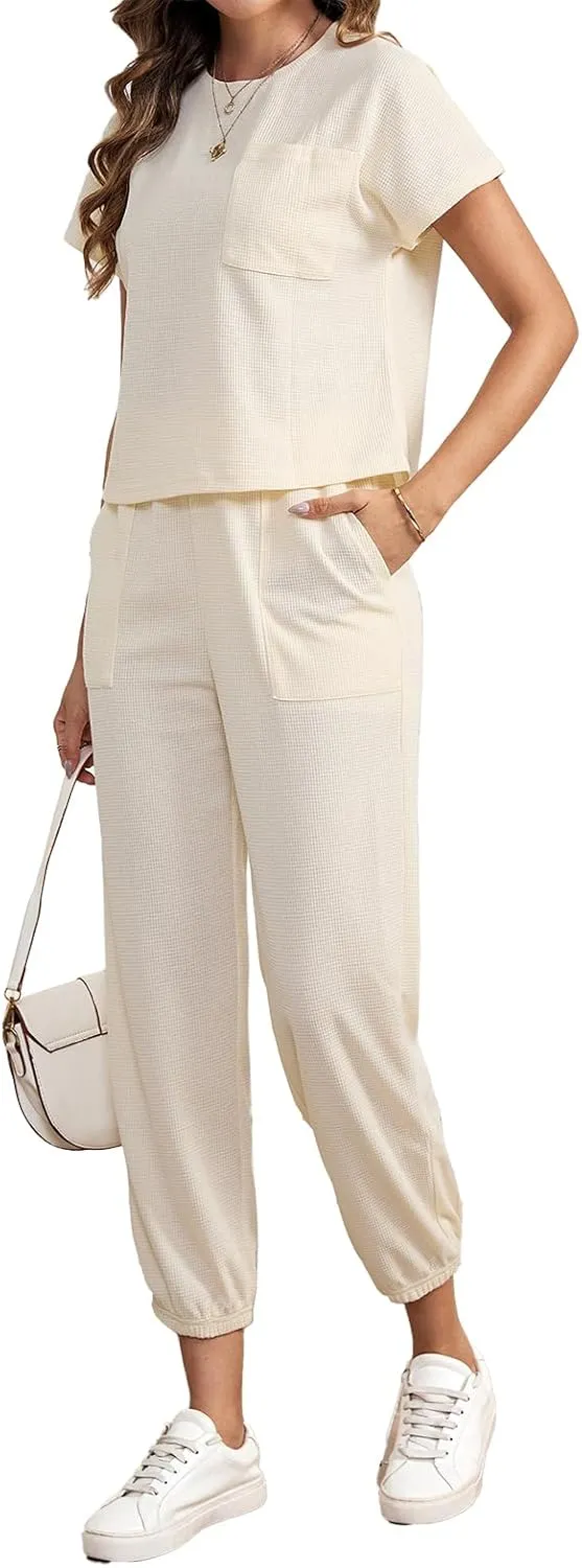 BARASA Lounge Sets for Women 2 Piece Jogger Pajama Round Neck Short Sleeve Casual Nine-point Pants Loungewear Set D667