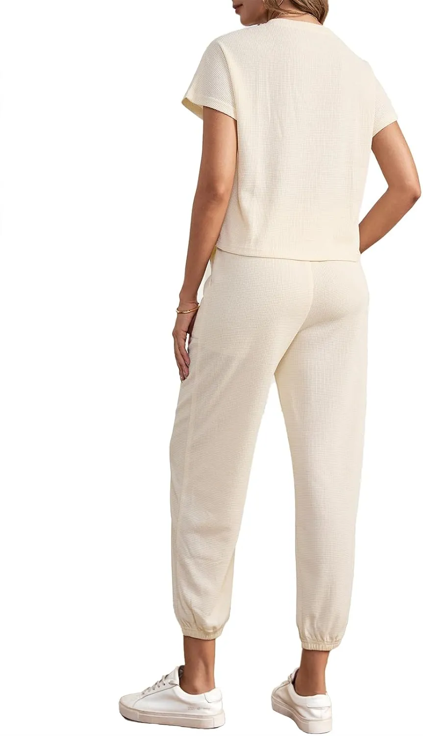 BARASA Lounge Sets for Women 2 Piece Jogger Pajama Round Neck Short Sleeve Casual Nine-point Pants Loungewear Set D667