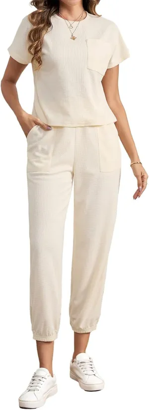 BARASA Lounge Sets for Women 2 Piece Jogger Pajama Round Neck Short Sleeve Casual Nine-point Pants Loungewear Set D667