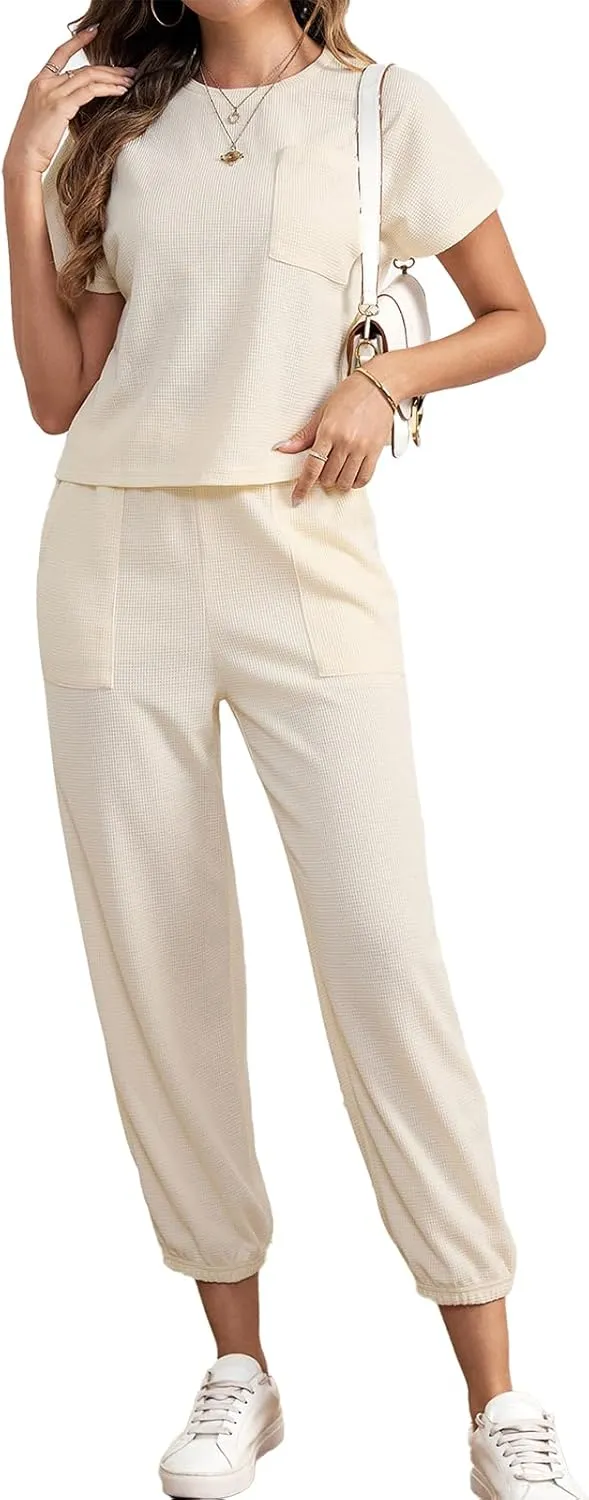 BARASA Lounge Sets for Women 2 Piece Jogger Pajama Round Neck Short Sleeve Casual Nine-point Pants Loungewear Set D667