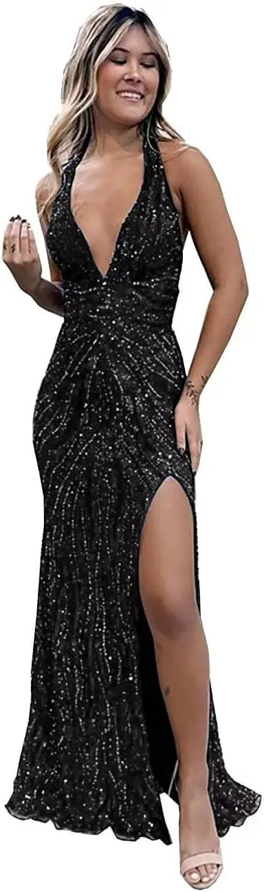 Beaded Evening Gown Deep V-Neck Mermaid Prom Dresses High Split Halter Formal Dress Sleeveless Bodycon Trumpet JS0011