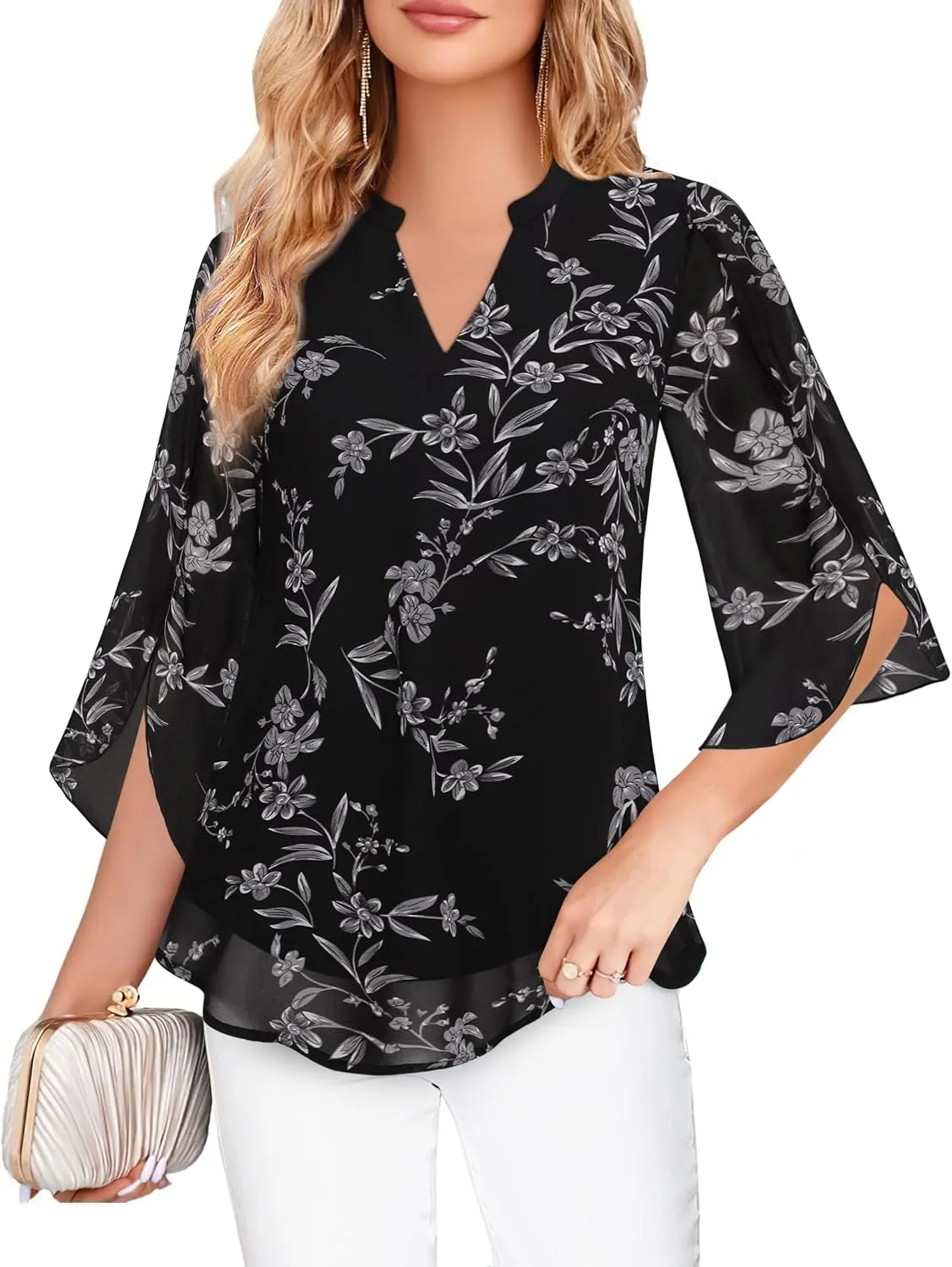 Bebonnie Womens Tops Dressy Casual Ruffle 3/4 Sleeve V Neck Double Layers Chiffon Blouses Tops