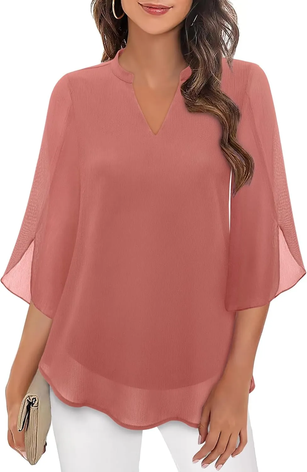 Bebonnie Womens Tops Dressy Casual Ruffle 3/4 Sleeve V Neck Double Layers Chiffon Blouses Tops
