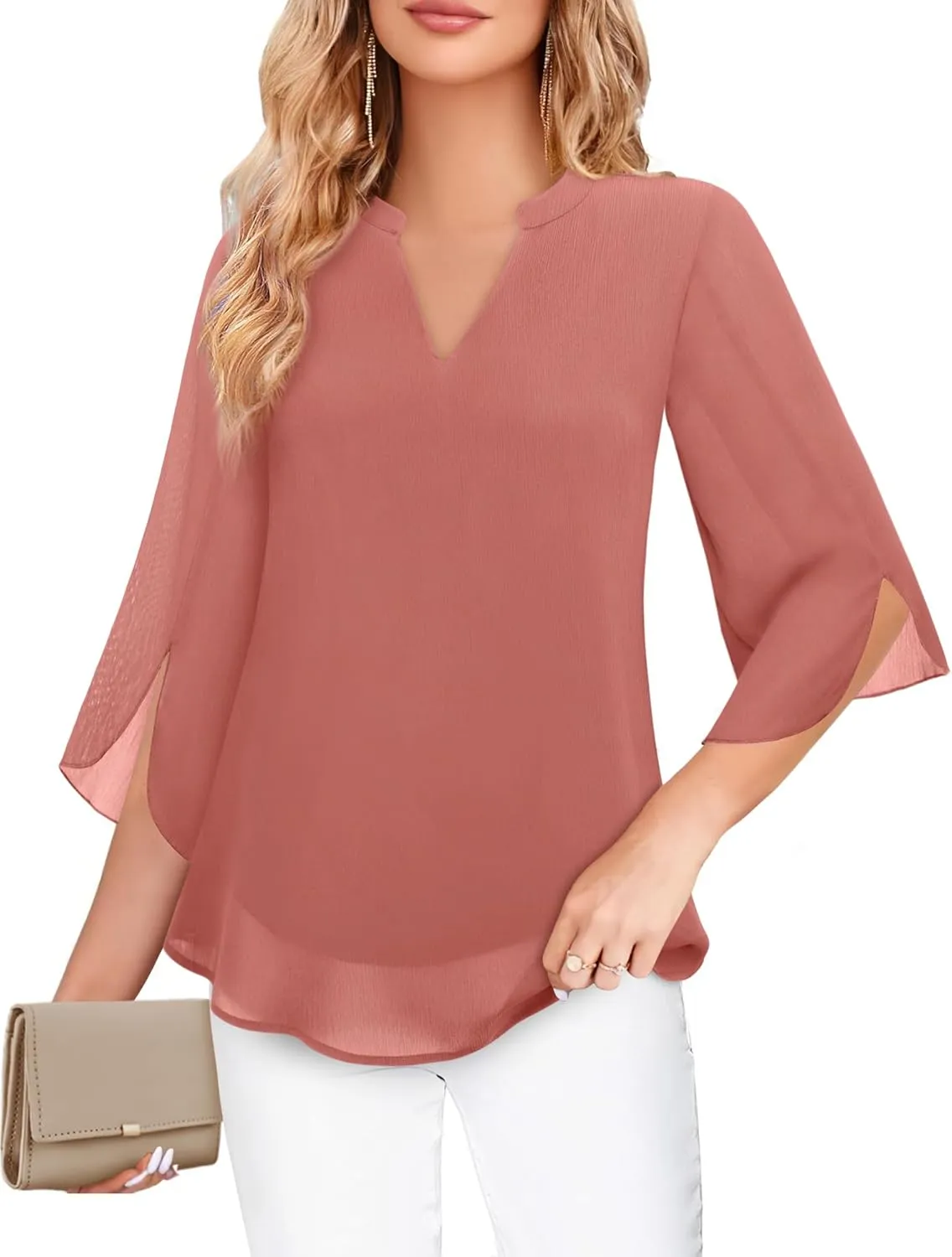 Bebonnie Womens Tops Dressy Casual Ruffle 3/4 Sleeve V Neck Double Layers Chiffon Blouses Tops