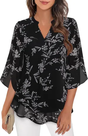 Bebonnie Womens Tops Dressy Casual Ruffle 3/4 Sleeve V Neck Double Layers Chiffon Blouses Tops