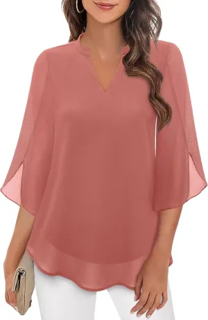 Bebonnie Womens Tops Dressy Casual Ruffle 3/4 Sleeve V Neck Double Layers Chiffon Blouses Tops