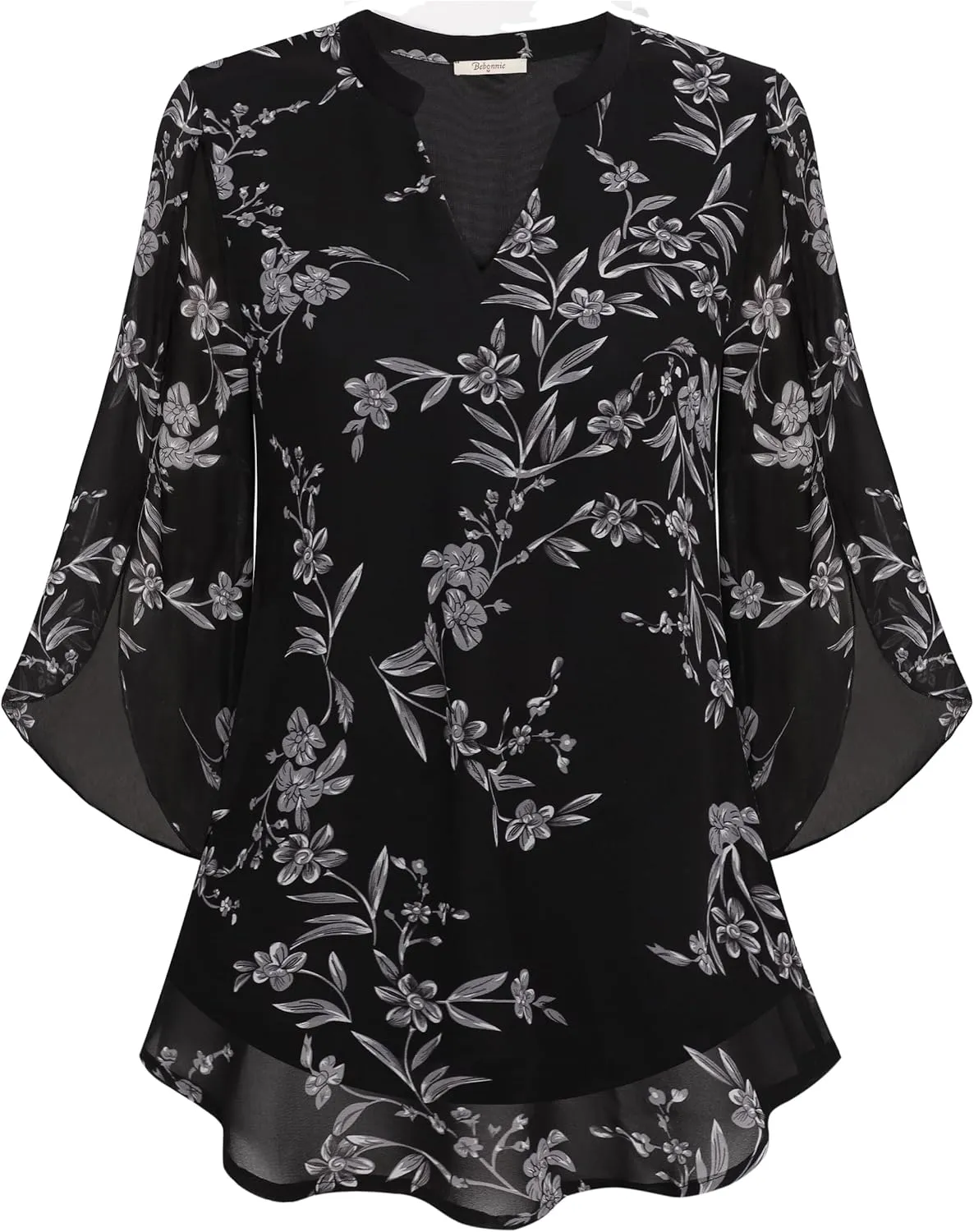 Bebonnie Womens Tops Dressy Casual Ruffle 3/4 Sleeve V Neck Double Layers Chiffon Blouses Tops
