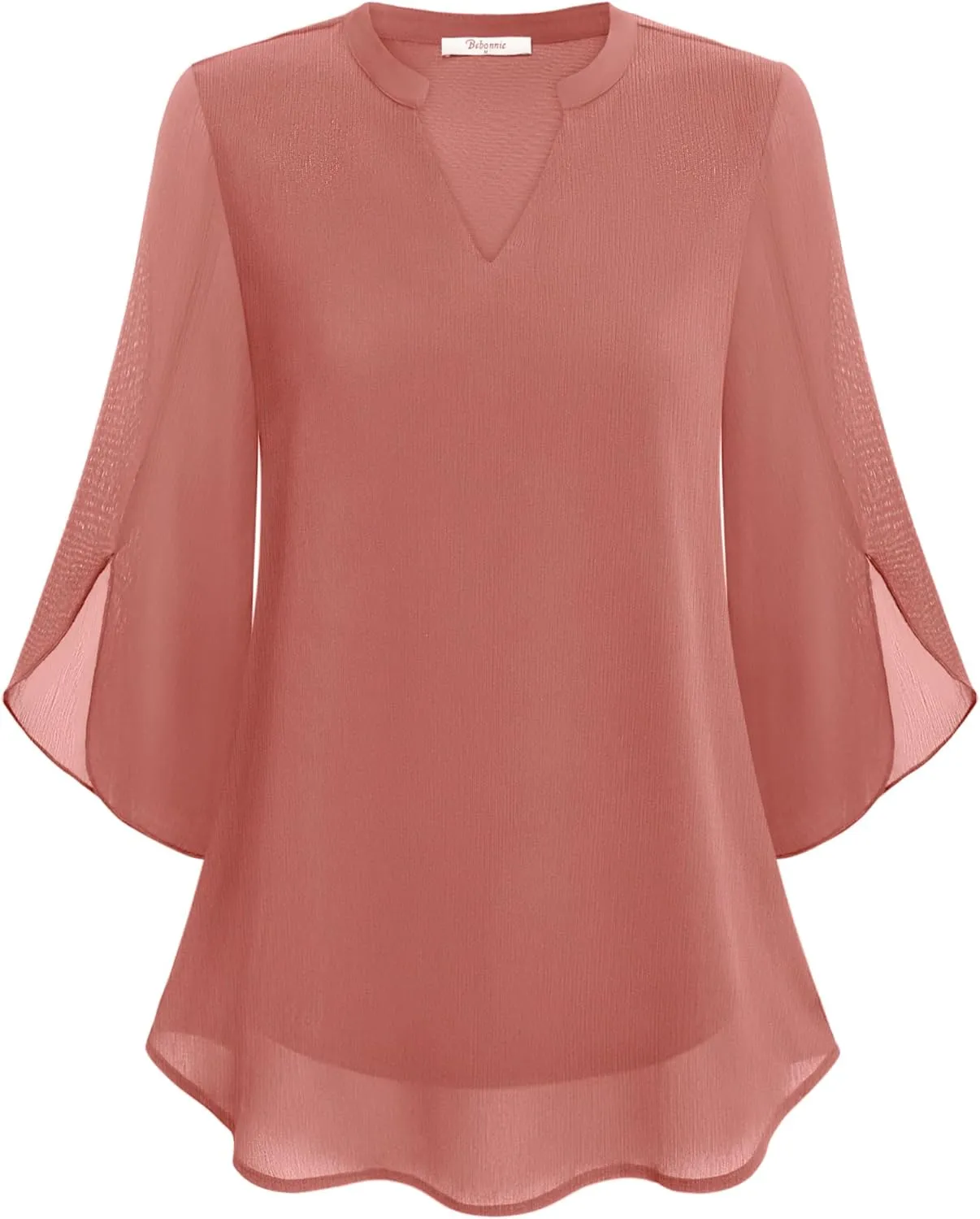 Bebonnie Womens Tops Dressy Casual Ruffle 3/4 Sleeve V Neck Double Layers Chiffon Blouses Tops