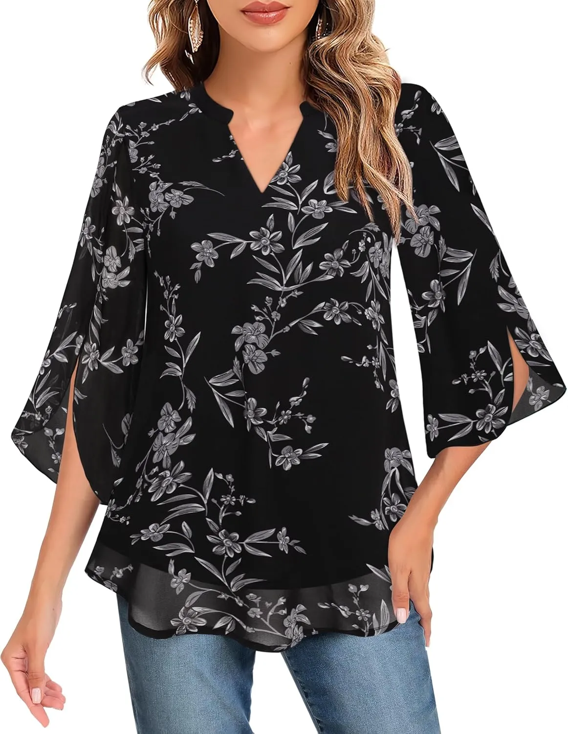 Bebonnie Womens Tops Dressy Casual Ruffle 3/4 Sleeve V Neck Double Layers Chiffon Blouses Tops