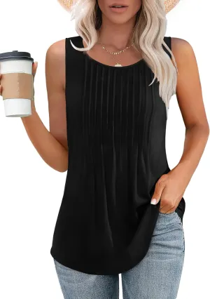 Besshopie Womens Summer Tank Tops Pleated Round Neck Sleeveless Tops for Women Casual Flowy