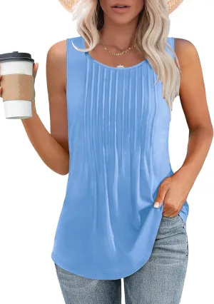 Besshopie Womens Summer Tank Tops Pleated Round Neck Sleeveless Tops for Women Casual Flowy