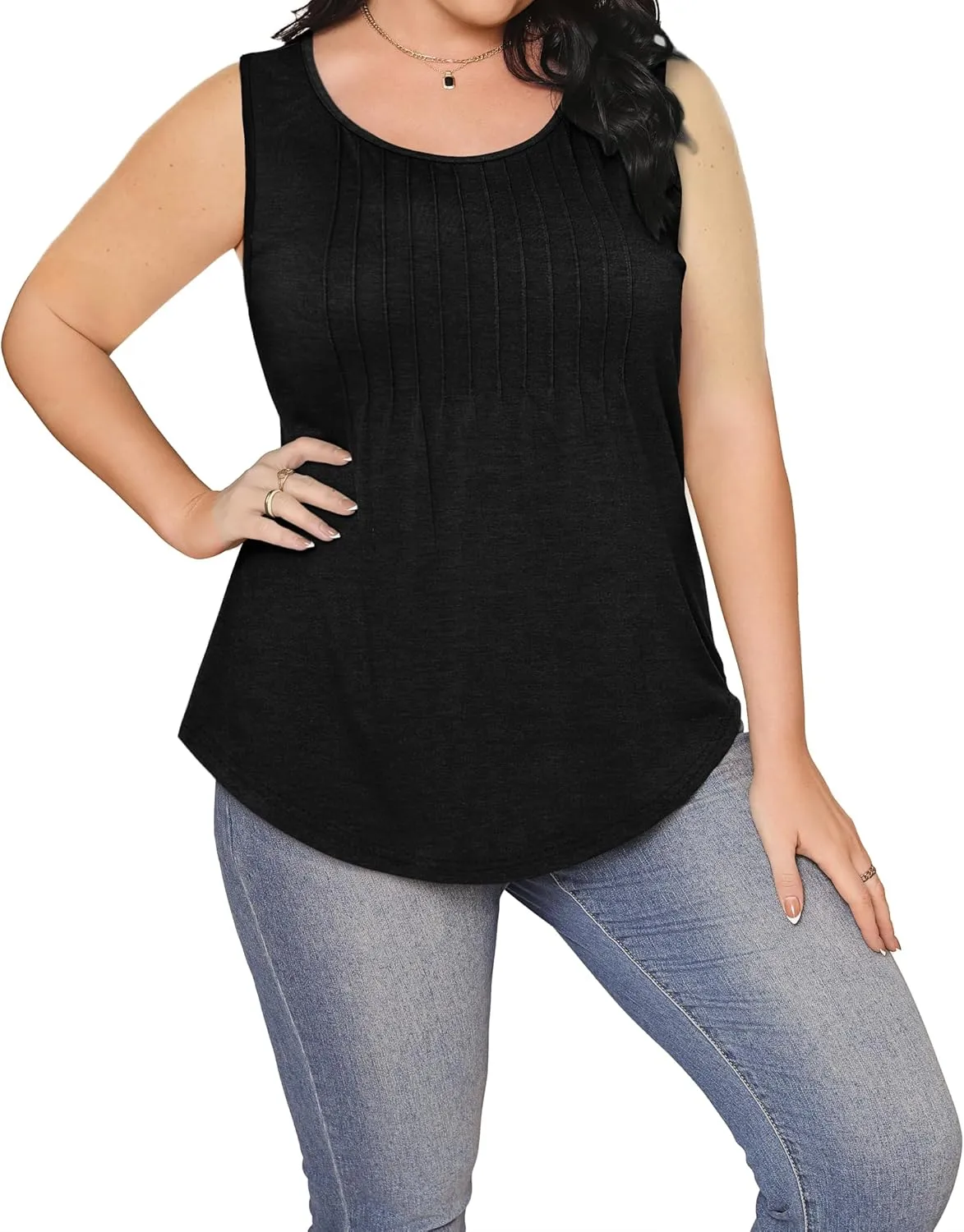 Besshopie Womens Summer Tank Tops Pleated Round Neck Sleeveless Tops for Women Casual Flowy