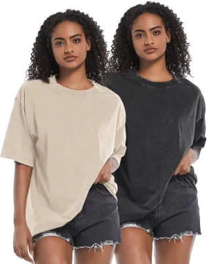 BINTEHGS 2 Pack Oversized Acid wash Tshirts for Women Cotton Loose fit Gym Vintage t Shirts Baggy Workout Basic tee Shirts