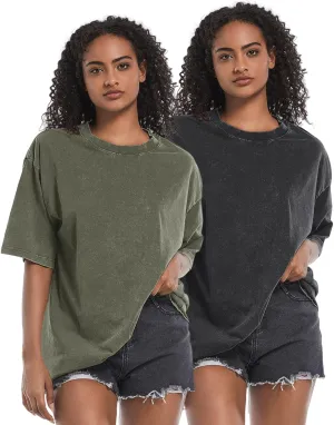 BINTEHGS 2 Pack Oversized Acid wash Tshirts for Women Cotton Loose fit Gym Vintage t Shirts Baggy Workout Basic tee Shirts
