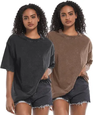 BINTEHGS 2 Pack Oversized Acid wash Tshirts for Women Cotton Loose fit Gym Vintage t Shirts Baggy Workout Basic tee Shirts