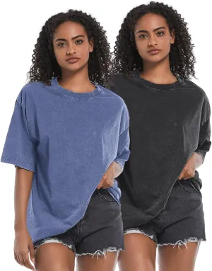 BINTEHGS 2 Pack Oversized Acid wash Tshirts for Women Cotton Loose fit Gym Vintage t Shirts Baggy Workout Basic tee Shirts