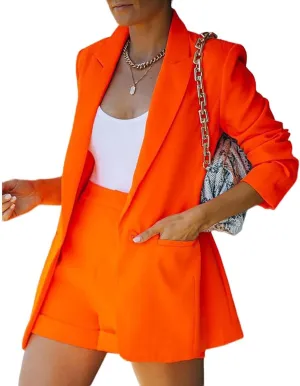 Blazer Shorts Set Women 2 Piece Outfits Long Sleeve Button Down Blazers and Shorts Business Suit Sets