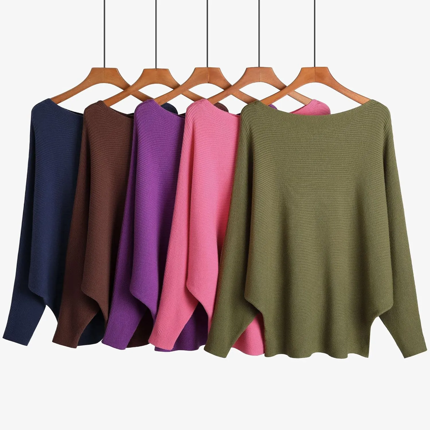 Blostirno Women's Boat Neck Batwing Sleeves Dolman Ribbed Knitted Sweaters Pullovers Tops