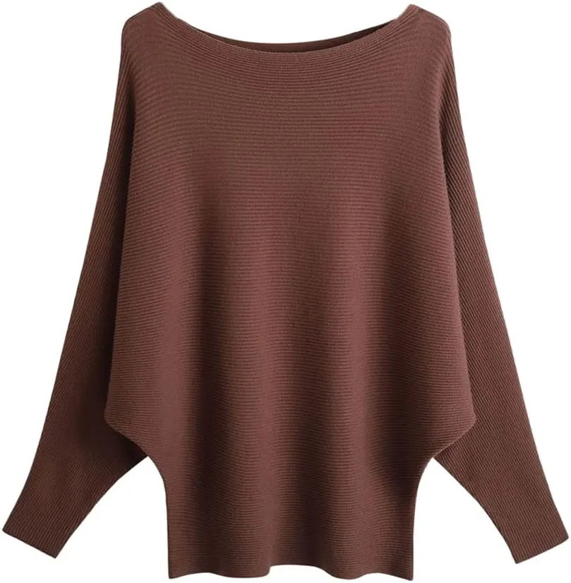 Blostirno Women's Boat Neck Batwing Sleeves Dolman Ribbed Knitted Sweaters Pullovers Tops
