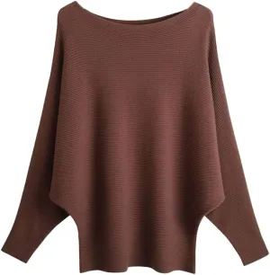 Blostirno Women's Boat Neck Batwing Sleeves Dolman Ribbed Knitted Sweaters Pullovers Tops