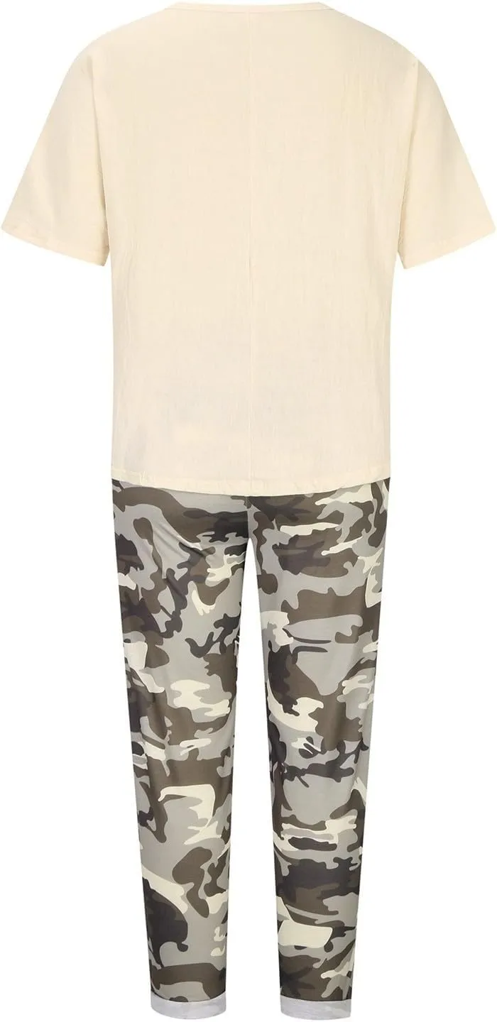 BOXIACEY Two Piece Sets for Women Linen Plus Size Vacation Outfits Camouflage Pants Sets Summer Outfits Lounge Sets