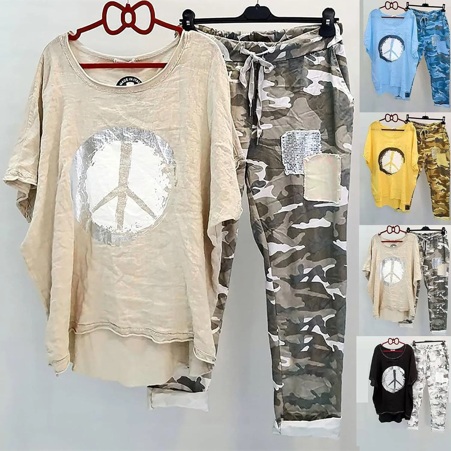 BOXIACEY Two Piece Sets for Women Linen Plus Size Vacation Outfits Camouflage Pants Sets Summer Outfits Lounge Sets