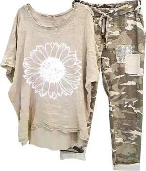 BOXIACEY Two Piece Sets for Women Linen Plus Size Vacation Outfits Camouflage Pants Sets Summer Outfits Lounge Sets