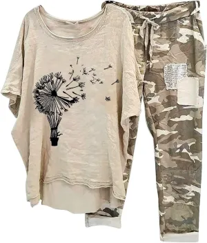 BOXIACEY Two Piece Sets for Women Linen Plus Size Vacation Outfits Camouflage Pants Sets Summer Outfits Lounge Sets