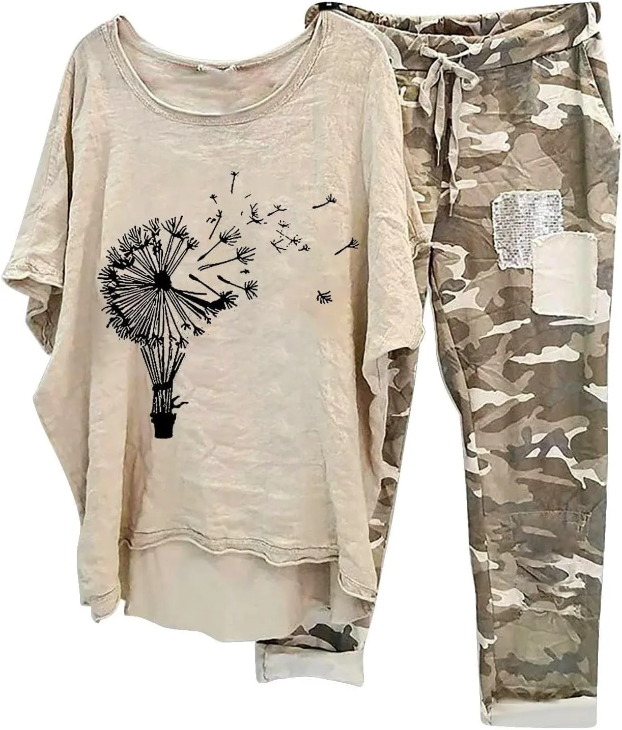 BOXIACEY Two Piece Sets for Women Linen Plus Size Vacation Outfits Camouflage Pants Sets Summer Outfits Lounge Sets