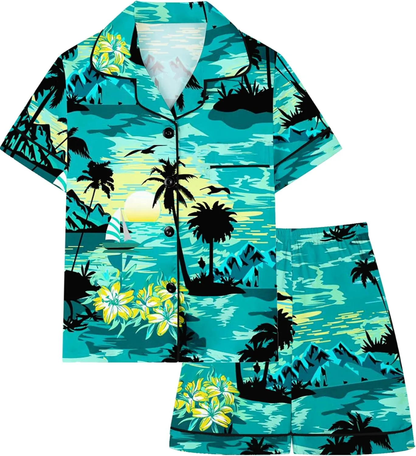Boys & Mens Silk Pajamas Button Down Sleepwear Satin Nightwear 2 Pcs Pj Set