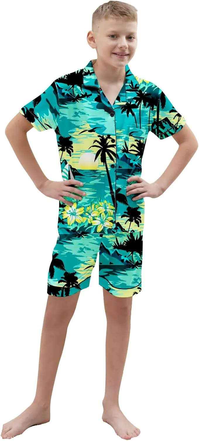 Boys & Mens Silk Pajamas Button Down Sleepwear Satin Nightwear 2 Pcs Pj Set