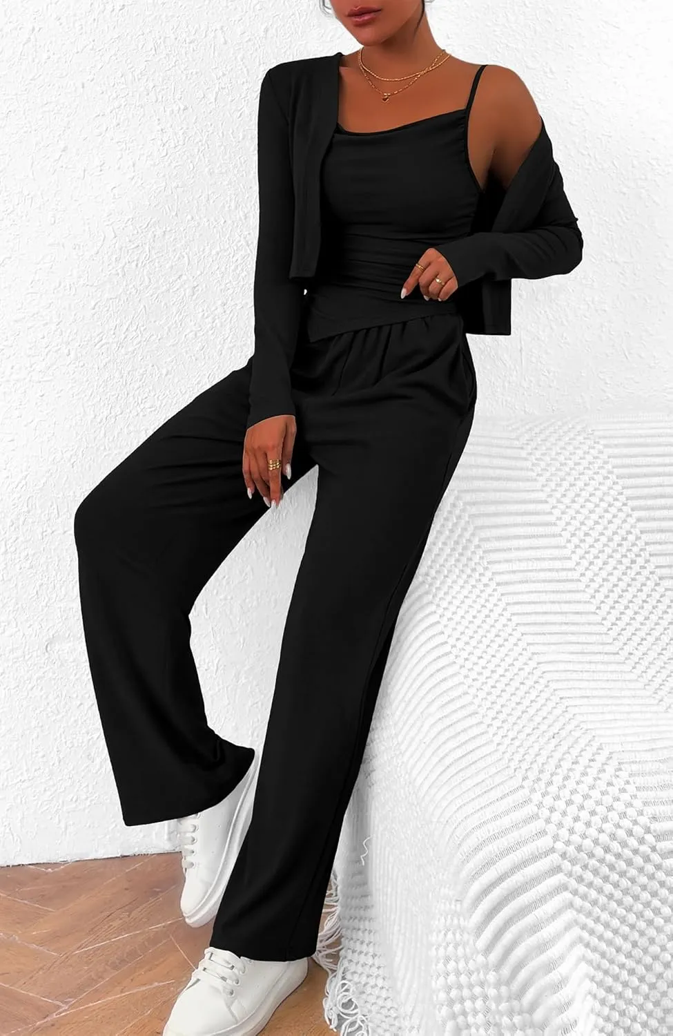 BTFBM Women's Fall Lounge Sets 3 Piece Outfit Tracksuits Casual Long Sleeve Tops High Waisted Sweatpants Set