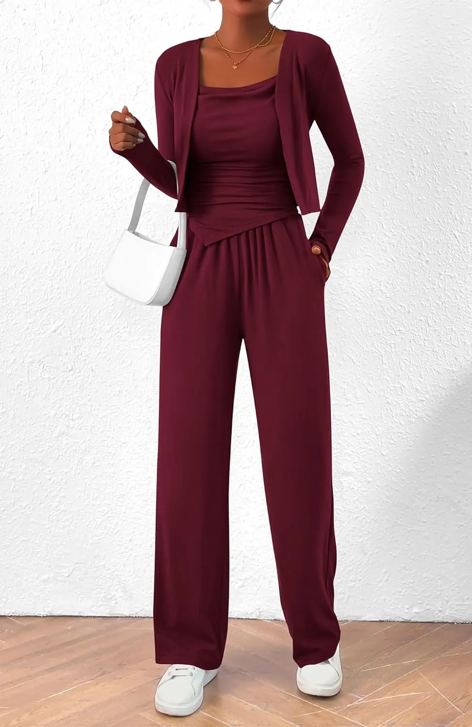 BTFBM Women's Fall Lounge Sets 3 Piece Outfit Tracksuits Casual Long Sleeve Tops High Waisted Sweatpants Set